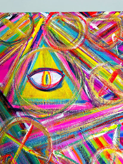 The All-Seeing Eye Original Painting by My Store features a dynamic mixture of blue, pink, yellow, and green geometric shapes and lines on acrylic canvas, centered around a prominent All-Seeing Eye for a mystical and vibrant abstract composition.