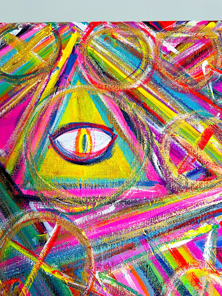 The All-Seeing Eye Original Painting by My Store features a dynamic mixture of blue, pink, yellow, and green geometric shapes and lines on acrylic canvas, centered around a prominent All-Seeing Eye for a mystical and vibrant abstract composition.