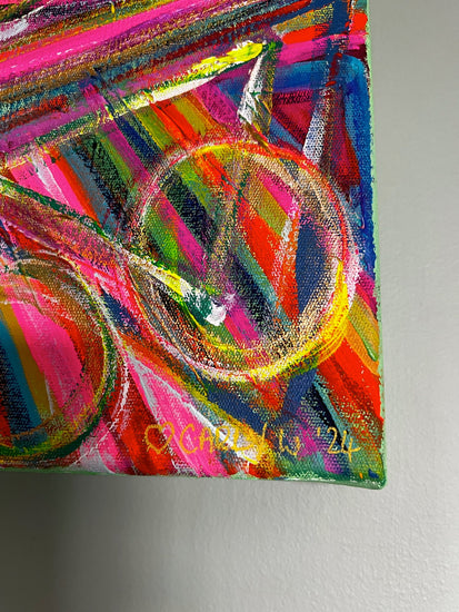 The All-Seeing Eye Original Painting from My Store is an acrylic on canvas showcasing a colorful abstract design with a bicycle in neon hues and vibrant diagonal stripes. A heart and a signature with 24 are subtly included in the lower corner, enhancing its mystical allure.