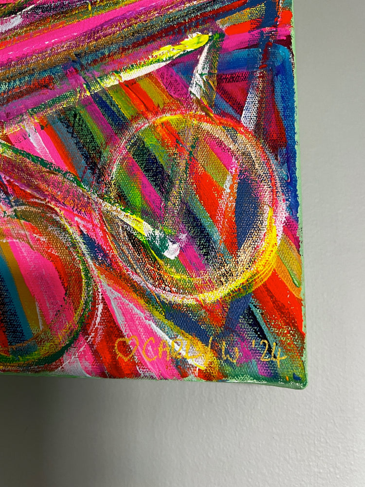 The All-Seeing Eye Original Painting from My Store is an acrylic on canvas showcasing a colorful abstract design with a bicycle in neon hues and vibrant diagonal stripes. A heart and a signature with 24 are subtly included in the lower corner, enhancing its mystical allure.