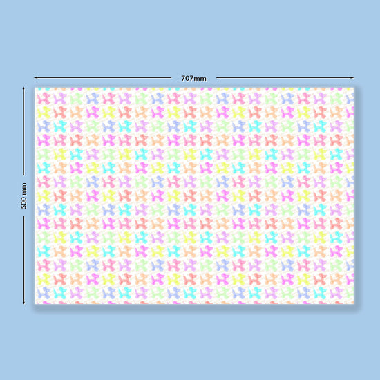 The Balloon Dog Birthday Wrapping Paper Sheets by My Favourite Colour is Rainbow  features colourful, pastel balloon animal patterns on a light background with "Happy Birthday " written in balloons diagonally, behind the balloon animals. A scale shows the wrapping paper measures 707 mm wide and 500 mm tall. 
 It is shown on a light blue background,