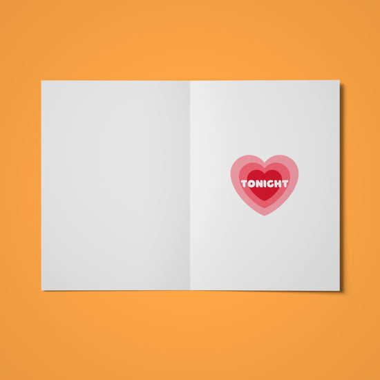 The Be Mine Valentines Card by My Store features an open design on an orange background with a pink and red heart graphic featuring TONIGHT in the center. The left side is blank, ideal for writing your own sweet message, echoing the whimsy of rainbow candy hearts.