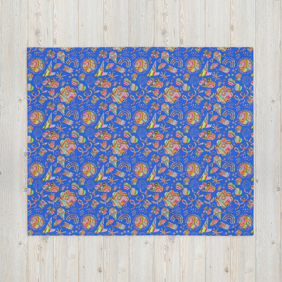 The Blue Summer Sorbet Throw Blanket by My Favourite Colour is Rainbow features a vibrant print on a blue background.