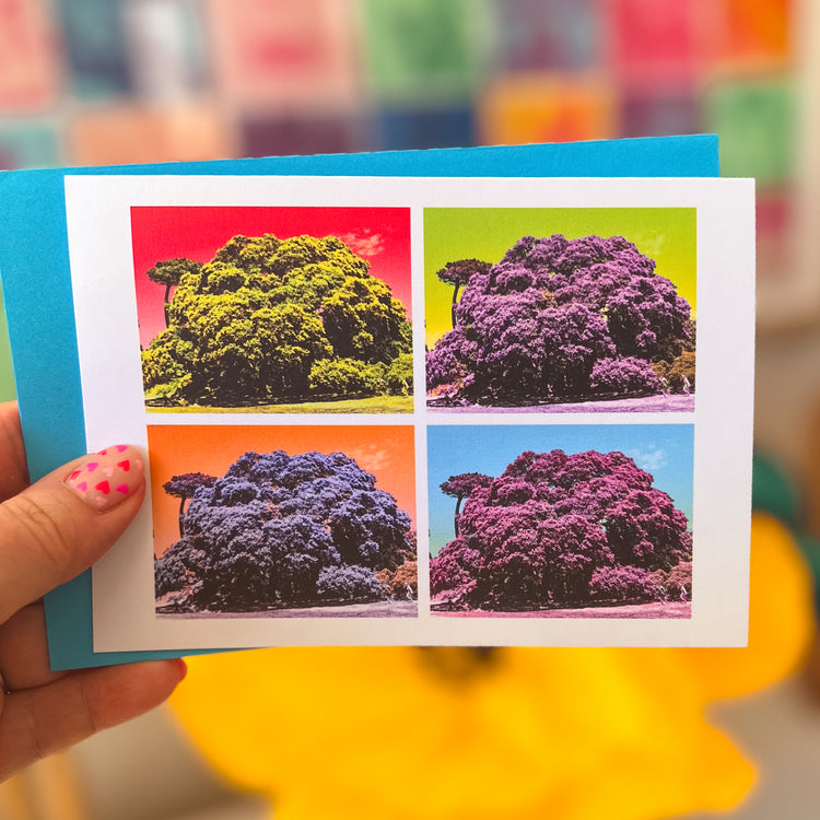 A hand with pink heart-patterned nails holds a Pohutukawa Pop Art greeting card (Version 1) by My Store, featuring New Zealands iconic tree on vibrant red, yellow, purple, and pink backgrounds. A blue envelope peeks out in a colorful, blurred setting.