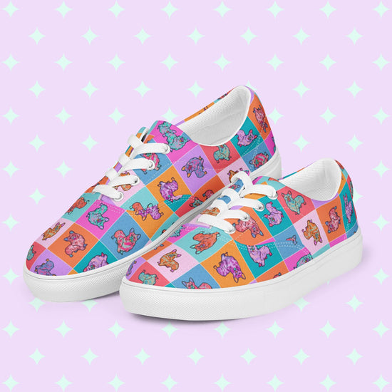 The Crazi Corgis Canvas Sneakers by My Favourite Colour is Rainbow are colourful lace-up shoes decorated with a pop art corgi design.  They are complemented by white laces and soles.