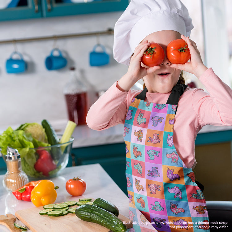 A child in a Crazi Corgis Apron and chefs hat holds two tomatoes like glasses. In the kitchen, a wooden cutting board displays an array of chopped cucumber, bell pepper, and lettuce on the counter.