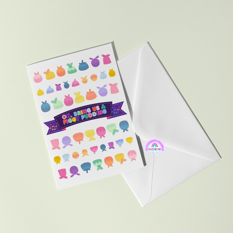 Christmas card featuring colourful figgy puddings and the words "Oh Bring Us a Figgy Pudding" in a purple banner