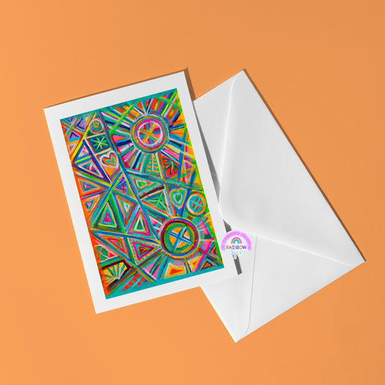 The Geometric Rainbow Greeting Card by My Store showcases lively geometric patterns—triangles, circles, hearts—on an orange background. Its partially tucked into a white envelope with a RAINBOW sticker, perfect for adding joy to any occasion.