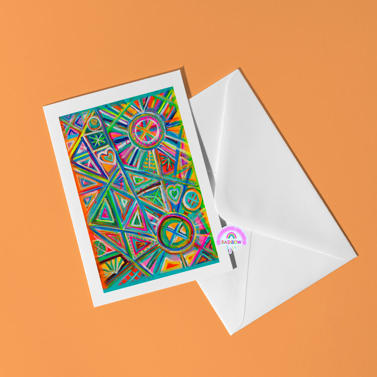 The Geometric Rainbow Greeting Card by My Store showcases lively geometric patterns—triangles, circles, hearts—on an orange background. Its partially tucked into a white envelope with a RAINBOW sticker, perfect for adding joy to any occasion.