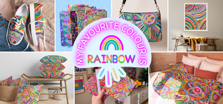 Collage of colorful patterned products, including shoes, greeting cards, handbags, framed art, pillows, bedding, and fabric pieces. A central graphic reads My Favourite Colour is Rainbow with a rainbow illustration from the My Favourite Colour is Rainbow Gift Card by My Store.