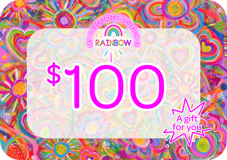 The My Favourite Colour is Rainbow Gift Card by My Store showcases lively rainbows, hearts, and flowers. It features $100 at the center with My favourite colour is rainbow and A gift for you in smaller text against a vibrant, artful background.