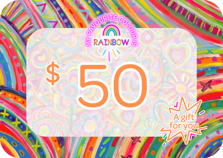 The My Favourite Colour is Rainbow Gift Card from My Store features a vibrant design with $50 text amid abstract rainbows and doodles. It’s perfect for greeting card enthusiasts, offering endless joy with its small A gift for you label.