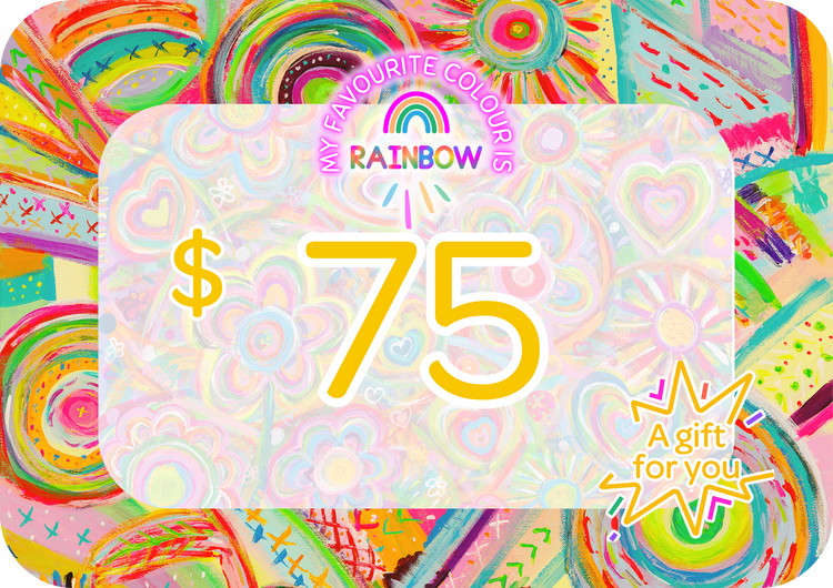 The My Store My Favourite Colour is Rainbow Gift Card displays an abstract background with hearts, swirls, a rainbow, and the text $75 along with A gift for you.