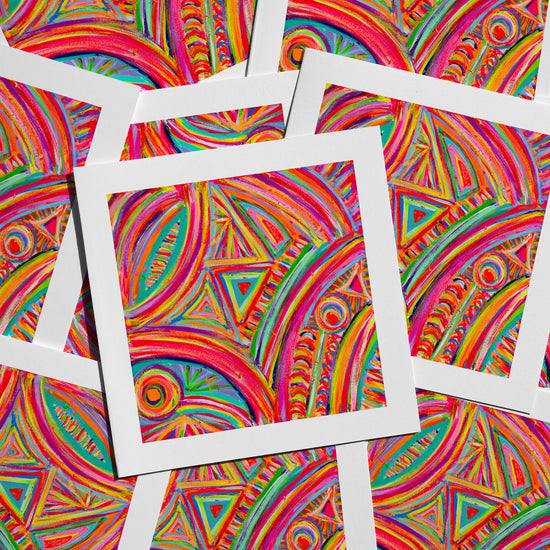 The Karma Kaleidoscope Greeting Card from My Store showcases an abstract collage of overlapping square frames with vibrant geometric patterns in circles, triangles, and lines. It features bright pink, red, orange, green, and blue hues for a dynamic visual impact.