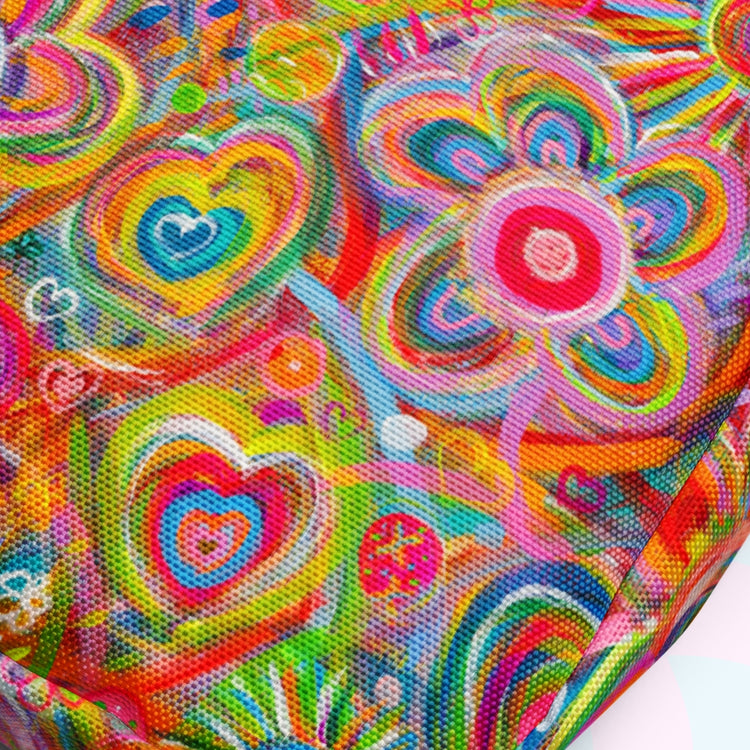 The Love in Neon Mini Crossbody Bag by My Favourite Colour is Rainbow showcases colorful abstract art with vibrant hearts and floral shapes, enhanced by swirling patterns. Its pixelated texture and mix of pink, yellow, blue, and green hues create a lively look similar to adjustable hiking bag straps.