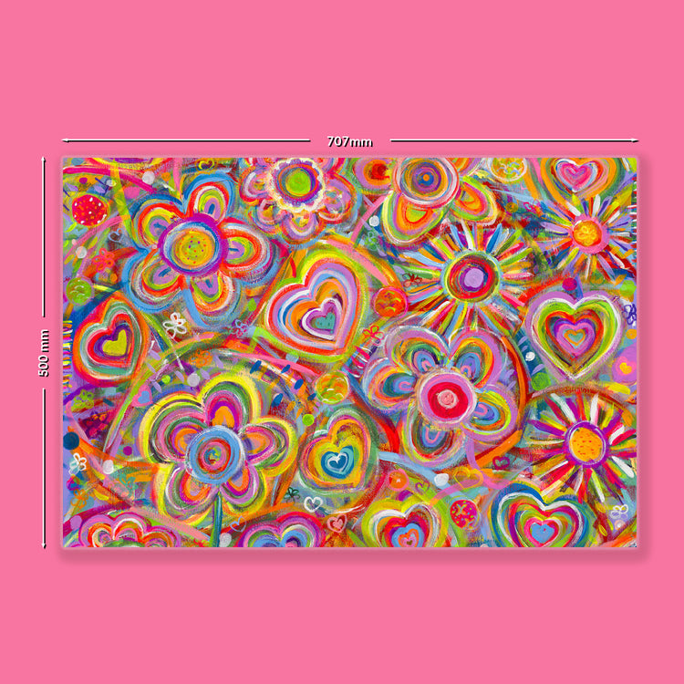 Love in Neon Wrapping Paper Sheets by My Favourite Colour is Rainbow features vibrant swirls of hearts and flowers. Dimensions: 530mm x 707mm.