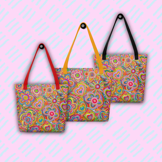 Three Love in Neon Tote Bags by My Favourite Colour is Rainbow hang from hooks. They feature my Love in Neon painting, with vibrant heart and abstract flower designs.