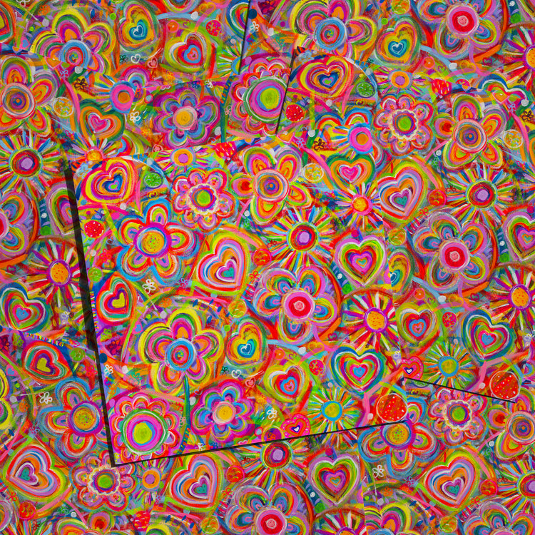 The Love in Neon Greeting Card by My Store showcases an abstract pattern with overlapping flowers, spirals, and hearts. Its radiant pink, yellow, green, and orange hues create an energetic and whimsical look.