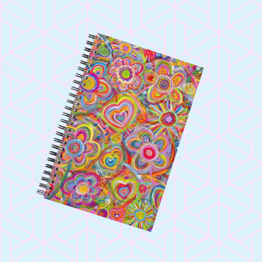Introducing the Love in Neon Notebook by My Store, featuring a vibrant cover with abstract flower and heart designs over a light geometric pattern to spark creativity. Part of our stationery collection.