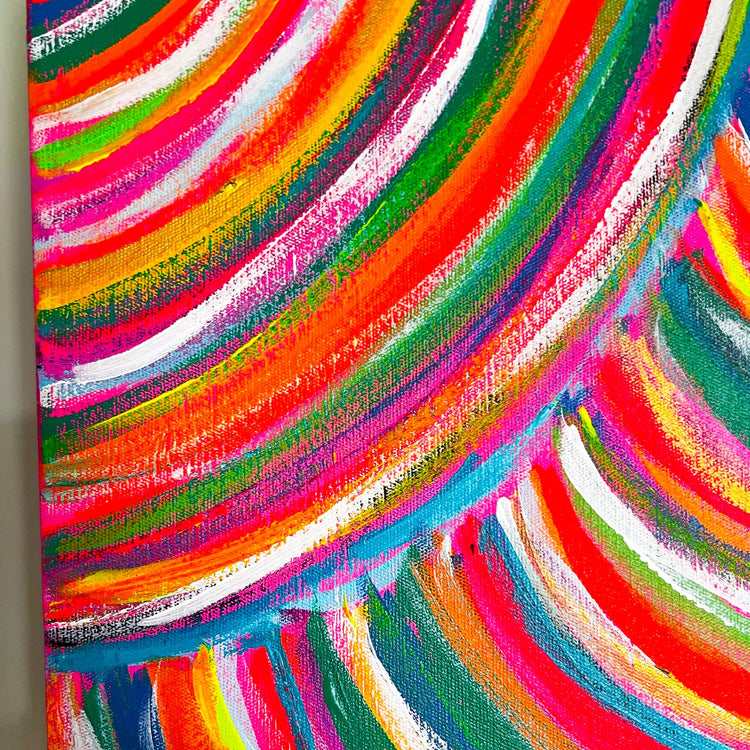 The Neon Candy Floss Original Painting by My Store is an abstract acrylic on canvas, showcasing vibrant swirling arcs in red, orange, pink, green, yellow, blue, and white. Energetic brushstrokes and overlapping colors form a vivid rainbow artwork with a dynamic pattern.