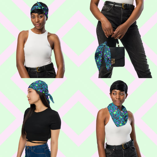 Four women show off the 'Silly Sausages' Bandana by My Favourite Colour is Rainbow.  They style it as a headband, necktie, handbag accessory, and headwrap while in casual outfits. The bandana features a fun print of black-and-magenta sausage dogs wearing bright green and purple jumpers, on a dark teal green background.
