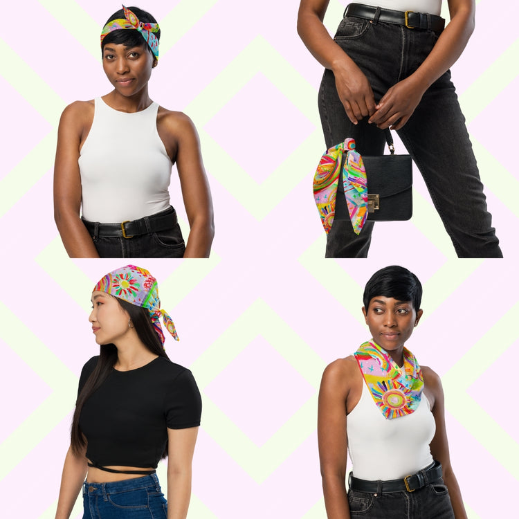 Four women show off the 'Summer Sorbet' Bandana by My Favourite Colour is Rainbow.  They style it as a headband, necktie, handbag accessory, and headwrap while in casual outfits. The bandana features a colourful abstract design with swirling circles, geometric shapes and doodle-like details in hues of pink, yellow, blue, green, orange, and red.