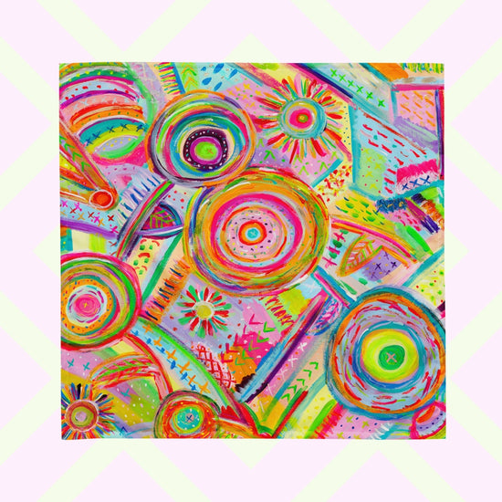 The Summer Sorbet Bandana by My Favourite Colour is Rainbow features a colorful abstract design with swirling circles and geometric shapes in hues of pink, yellow, blue, green, orange, and red.