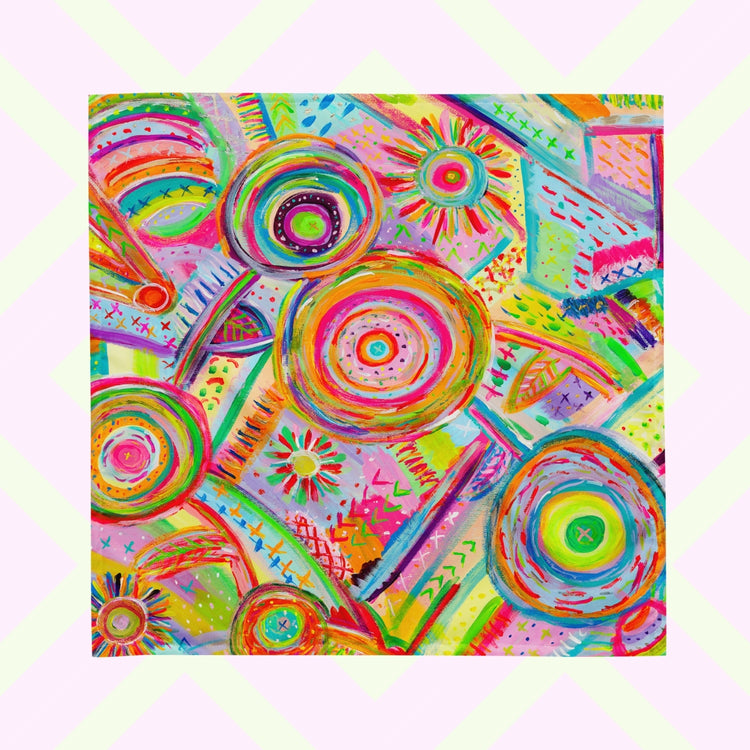 The Summer Sorbet Bandana by My Favourite Colour is Rainbow features a colorful abstract design with swirling circles and geometric shapes in hues of pink, yellow, blue, green, orange, and red.