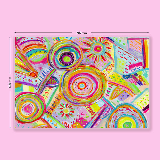 The Summer Sorbet Wrapping Paper Sheets by My Favourite Colour is Rainbow feature vibrant circular and geometric patterns in dominant colours of pink, yellow, blue, and green. Dimensions are 707mm x 500mm.