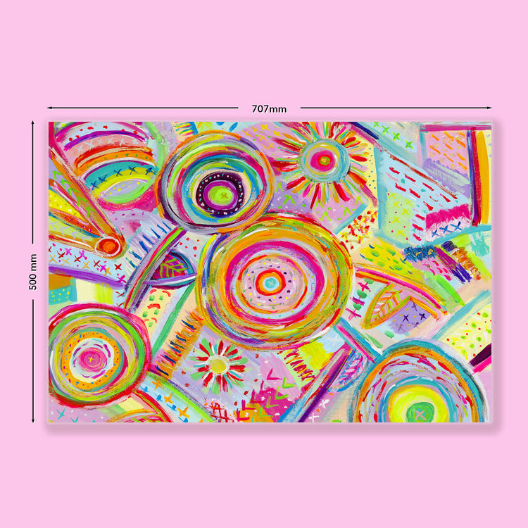 The Summer Sorbet Wrapping Paper Sheets by My Favourite Colour is Rainbow feature vibrant circular and geometric patterns in dominant colours of pink, yellow, blue, and green. Dimensions are 707mm x 500mm.