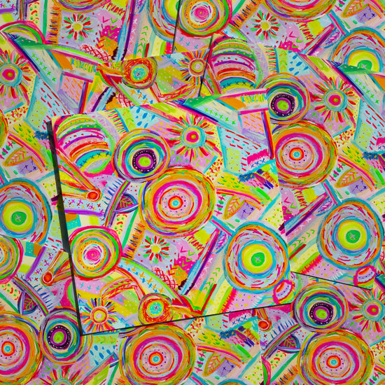 The Summer Sorbet Greeting Card by My Favourite Colour is Rainbow features a vibrant design with abstract overlapping squares, colorful swirls, circles, and lines in pink, yellow, green, and blue tones printed on high-quality cardstock for a dynamic visual effect.