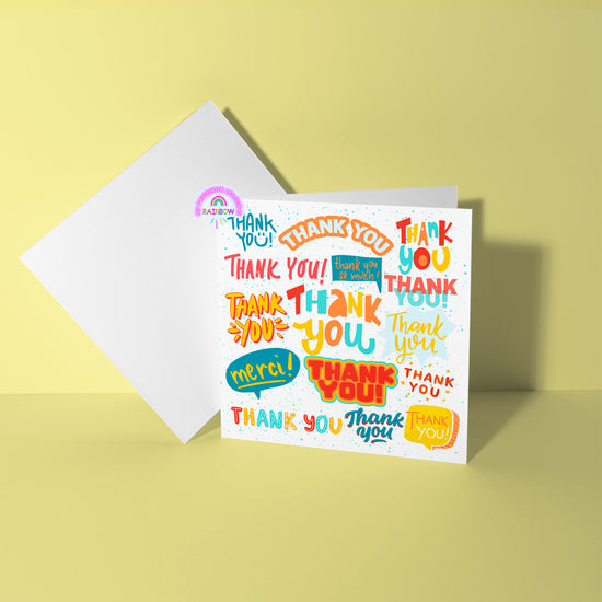 The Thank You Typography Card by My Store showcases a joyful design with vibrant Thank You phrases in diverse fonts and colors on a light green background. Inside, the card is blank, offering space for your personalized message.