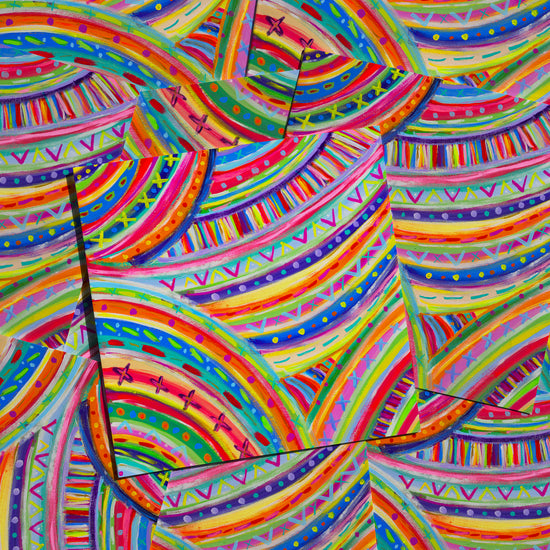 The Rainbow Connection Greeting Card by My Store features colorful abstract designs on high-quality card stock, with overlapping squares, wavy lines, and neon hues of pink, blue, yellow, and green. Geometric shapes and dots add dynamic texture to this unique and eye-catching artwork.