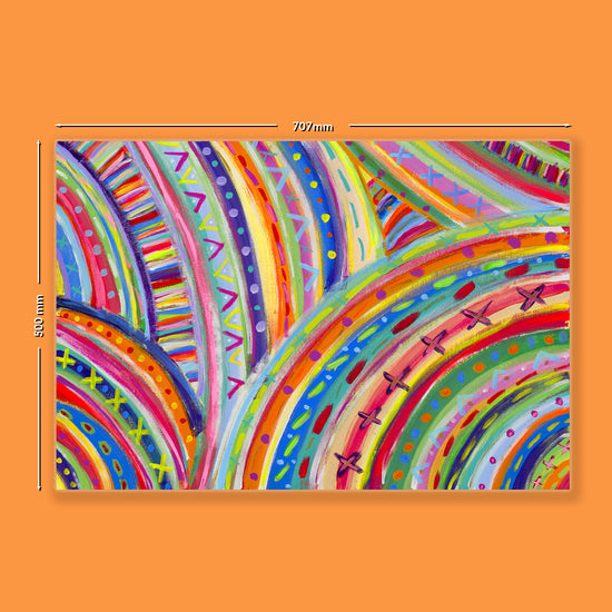 The Rainbow Connection Wrapping Paper Sheets by My Favourite Colour is Rainbow showcase colourful abstract artwork with overlapping arcs and patterns on an orange background, featuring vibrant lines, dots, and geometric shapes in red, blue, yellow, green, and purple. Size: 707mm x 510mm.
