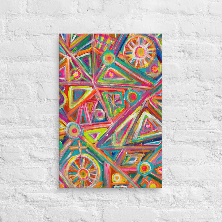 The Tropical Geometry Canvas Artwork by My Favourite Colour is Rainbow showcases an abstract mix of geometric shapes—triangles, circles, and lines—in vibrant pink, orange, blue, and yellow hues. Perfectly contrasting with a textured white brick wall, it captures the essence of brilliance.