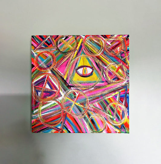 An original painting from My Store, this colorful abstract artwork, titled All-Seeing Eye, features a triangle with an eye at its center, surrounded by overlapping circles. The vibrant design bursts with pink, yellow, green, and red shades enhanced by dynamic crisscrossed lines.