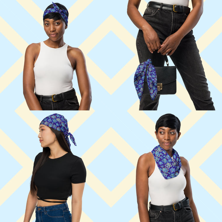 A collage shows two women styling the Bloomscape Bandana by My Favourite Colour is Rainbow in various ways, like a head wrap, necktie, and handbag accessory.  The bandana features a design of large flowers and small hearts in shades of blue and yellow on a royal blue background.