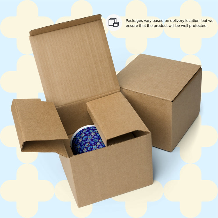 Two open cardboard boxes rest on a light blue background. One box shows a Bloomscape Mug by My Favourite Colour is Rainbow, featuring a floral design. A note states: Packages differ by location, but we guarantee the products protection.