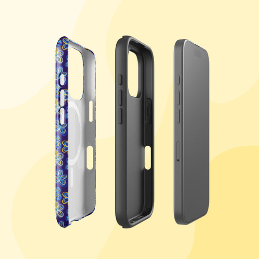 The My Favourite Colour is Rainbow MagSafe® compatible Bloomscape iPhone Case is shown in two sections, with the colourful print on the left, the impact-resistant black case interior in the center, and an black iphone on on the right.