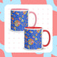 The Blue Summer Sorbet Mug by My Favourite Colour is Rainbow features vibrant ceramics with red interiors and floral-geometric patterns on a blue background, evoking a summer escape with pastel blue and pink abstract shapes adorned with small crosses.