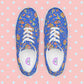 The Blue Summer Sorbet canvas sneakers by My Favourite Colour is Rainbow are decorated with cut outs of my Summer Sorbet print in a fun mix of suns, rainbows, ice creams and other abstract shapes, set against a striking blue backdrop.  They are complemented by white laces and soles.