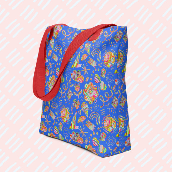 The Blue Summer Sorbet Tote Bag by My Favourite Colour is Rainbow features summery patterns in my Summer Sorbet design on a royal blue background.  This version has sturdy red handles.