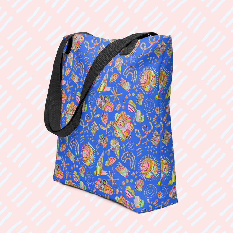 The Blue Summer Sorbet Tote Bag by My Favourite Colour is Rainbow features summery patterns in my Summer Sorbet design on a royal blue background.   This version has sturdy black handles.