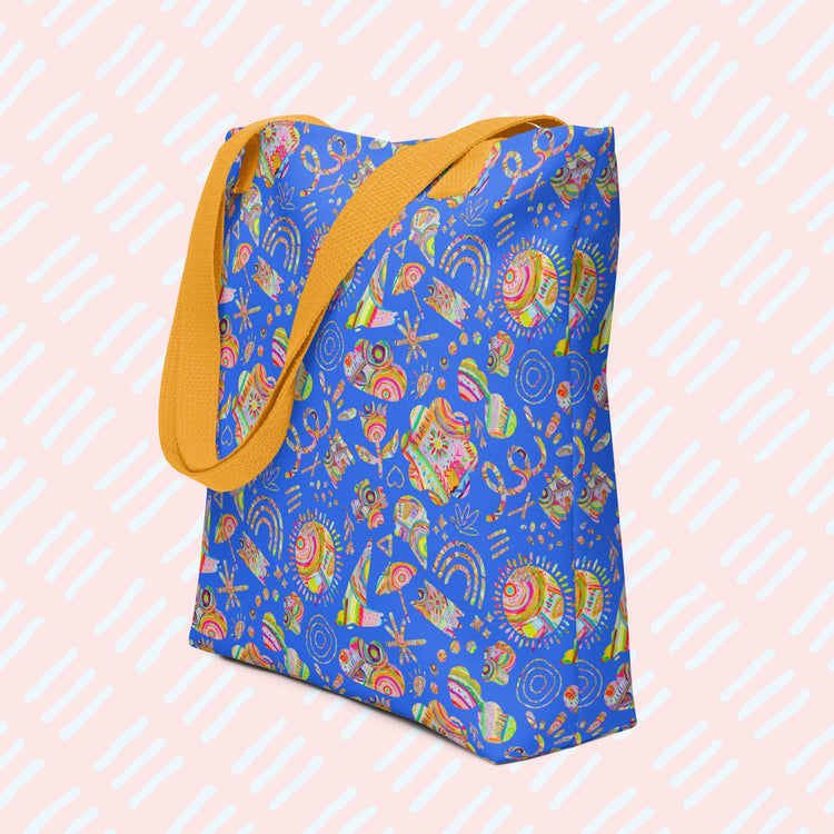 The Blue Summer Sorbet Tote Bag by My Favourite Colour is Rainbow features summery patterns in my Summer Sorbet design on a royal blue background.  This version has sturdy yellow handles.