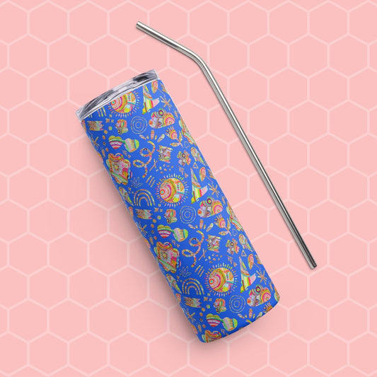 The Blue Summer Sorbet Stainless Steel Tumbler by My Favourite Colour is Rainbow, featuring a vibrant paisley pattern and paired with a silver metal straw, stands elegantly on a pink hexagonal background.