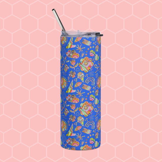 The Blue Summer Sorbet Stainless Steel Tumbler by My Favourite Colour is Rainbow features colorful abstract designs with shapes, squiggles, and lines on a tall blue body. It includes a clear lid, metal straw, and is set against a light pink honeycomb-patterned background.