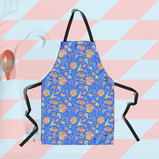 Introducing the Blue Summer Sorbet Apron by My Favourite Colour is Rainbow, crafted from featuring a vibrant abstract pattern on a blue background. It pairs perfectly with the white container holding kitchen utensils.