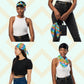 Four women show off the "Colour Block" Bandana by My Favourite Colour is Rainbow.  They style it as a headband, necktie, handbag accessory, and headwrap while in casual outfits.