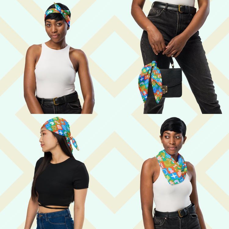 Four women show off the "Colour Block" Bandana by My Favourite Colour is Rainbow.  They style it as a headband, necktie, handbag accessory, and headwrap while in casual outfits.