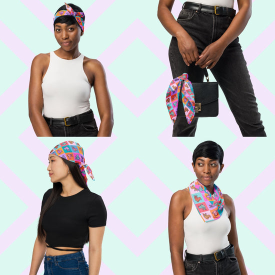 A collage shows four women styling the Crazi Corgis Bandana by My Favourite Colour is Rainbow: one as a headband, another tied to a handbag, one as a head wrap, and another around her neck, set against a pastel geometric background.